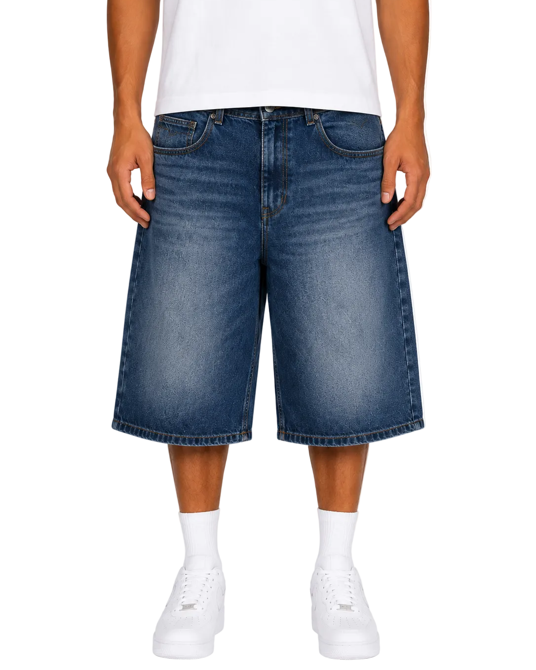 Person wearing blue denim shorts on a white background