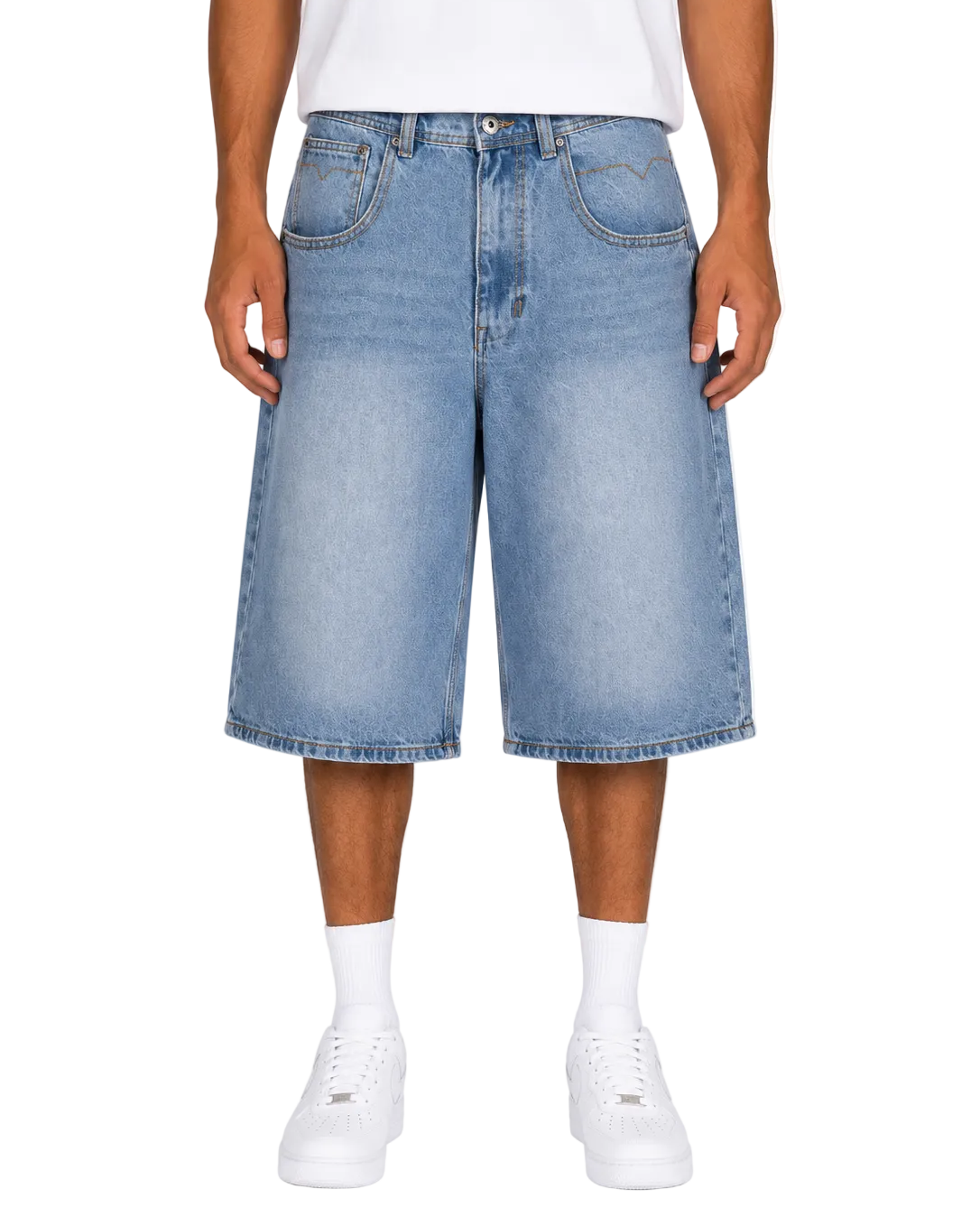 Person wearing light blue denim shorts on a white background