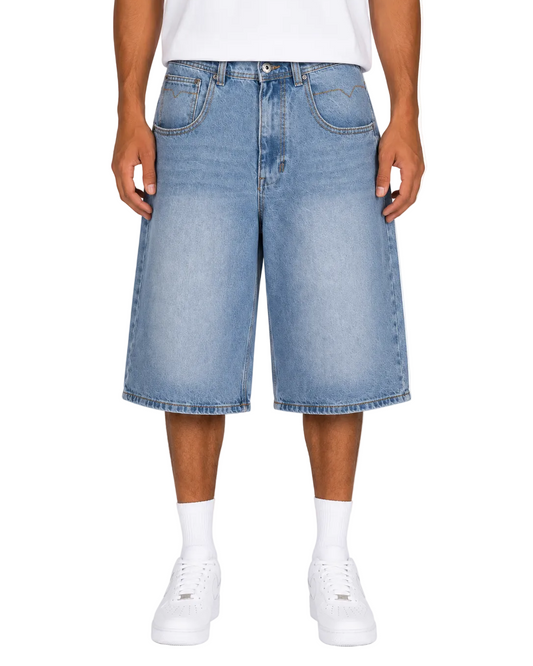 Person wearing light blue denim shorts on a white background