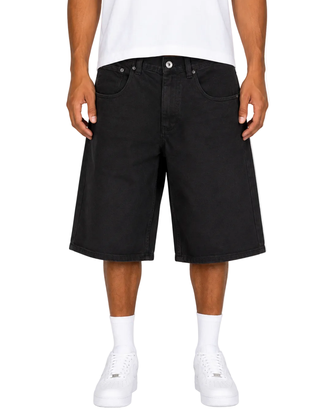 Person wearing black shorts on a white background