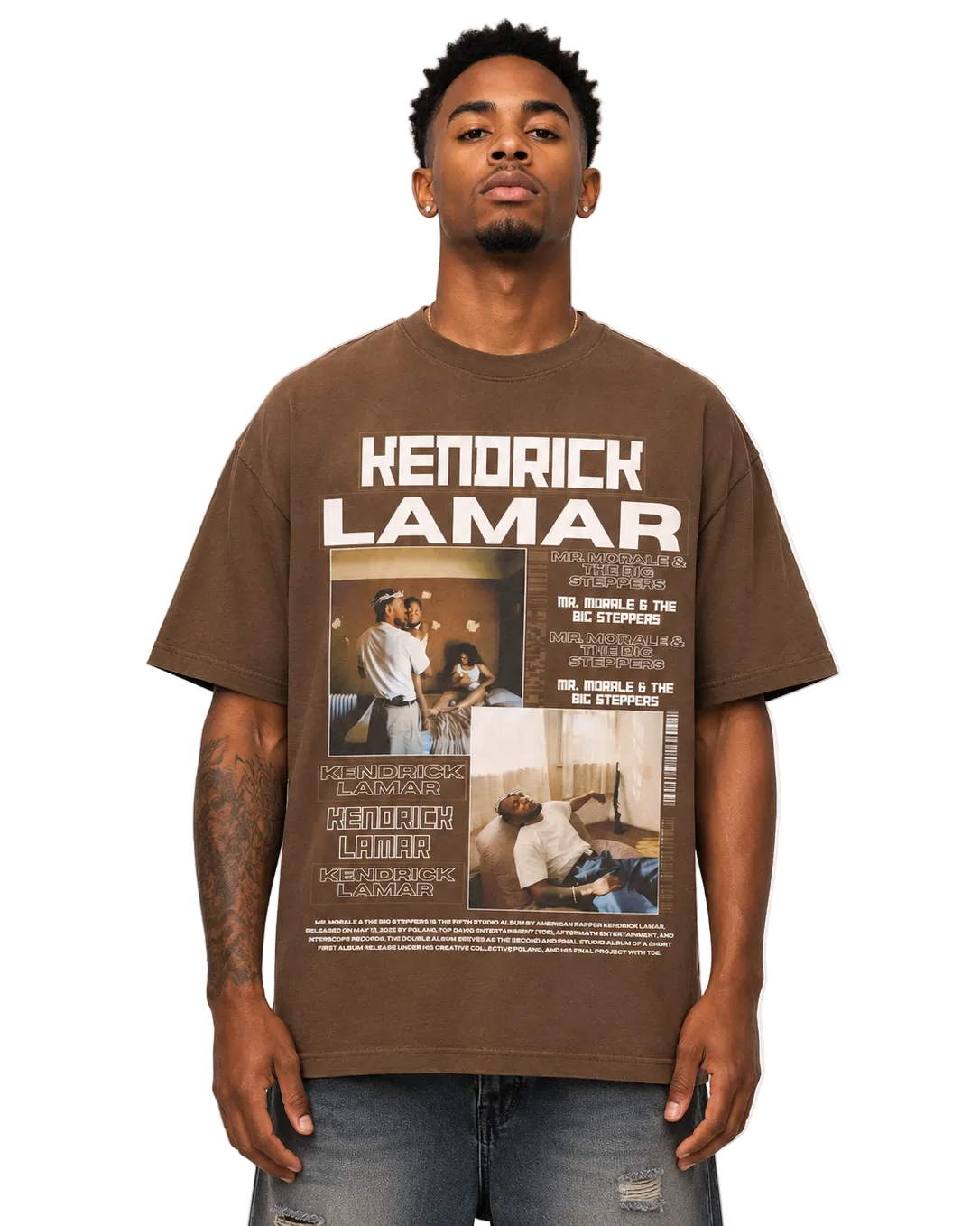 Man wearing a brown t-shirt with 'Hendrick Lamar' design on a plain background
