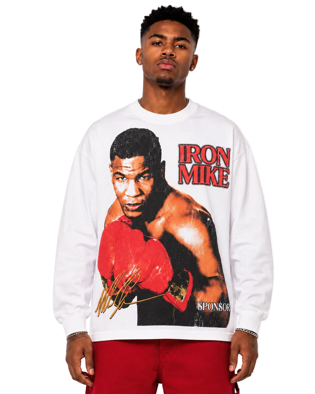 Person wearing a white sweatshirt with a graphic of a boxer and 'Iron Mike' text on a white background