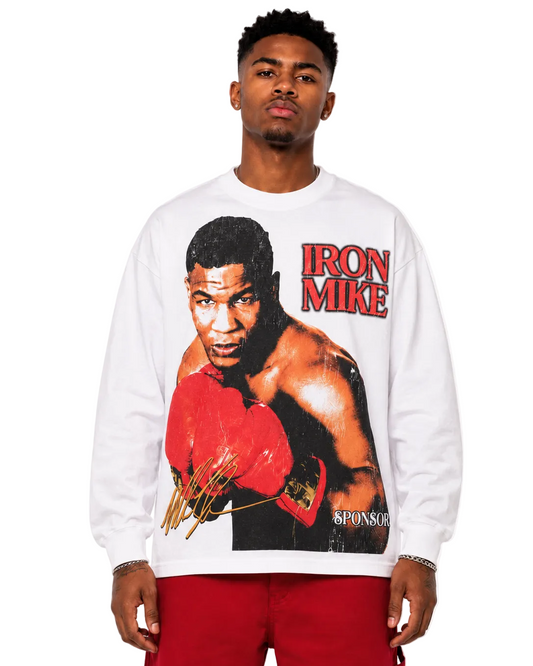 Person wearing a white sweatshirt with a graphic of a boxer and 'Iron Mike' text on a white background