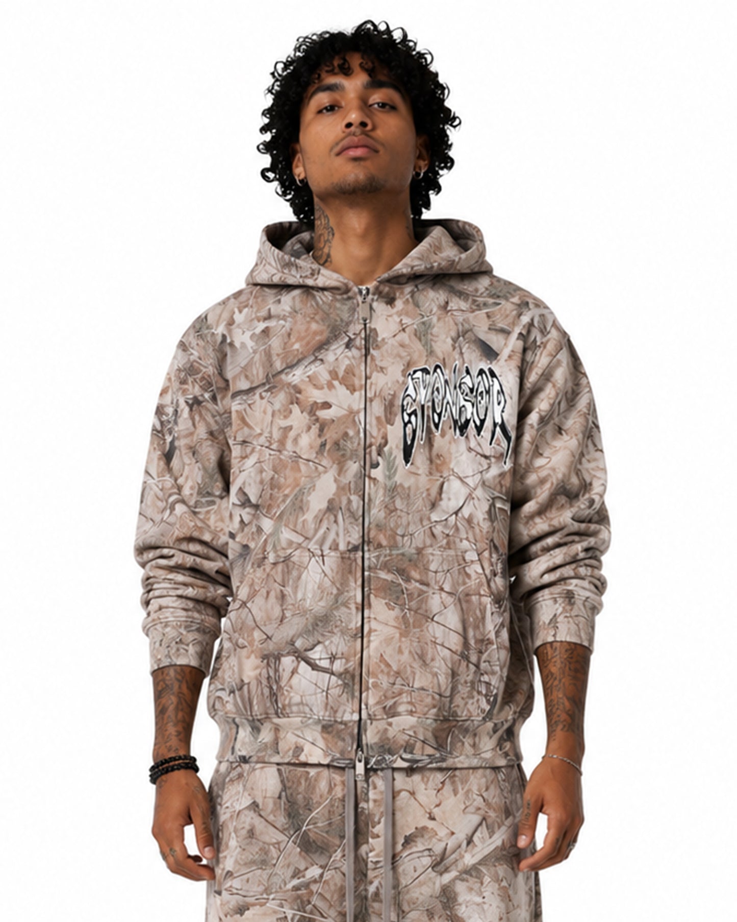 Sponsor Super Power Logo Zip Up Hoodie in Grey Tree Camo