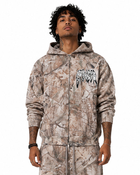 Sponsor Super Power Logo Zip Up Hoodie in Grey Tree Camo