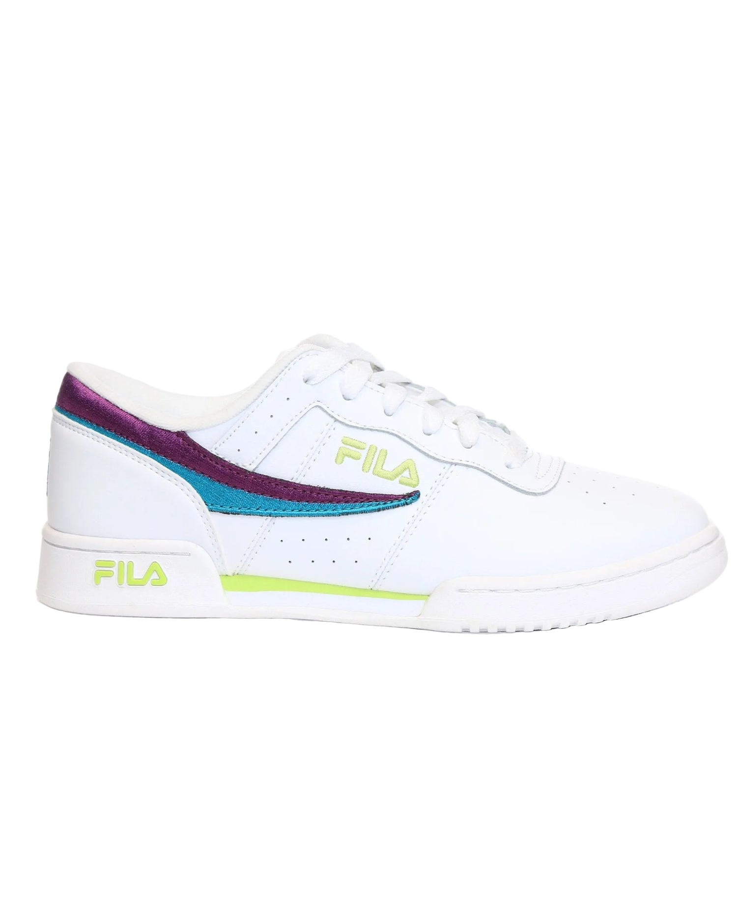 A pair of white FILA Original Fitness sneakers with purple and green accents and the FILA logo displayed on the side.