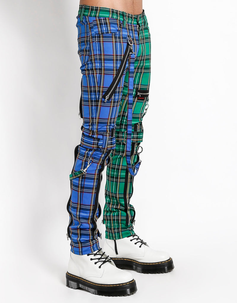 Tripp NYC Men's Split Leg Plaid Bondage Pants - Green/Blue