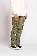 Pheelings Never Look Back Cargo Flare Stack Leather Jeans, Olive