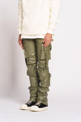 Pheelings Never Look Back Cargo Flare Stack Leather Jeans, Olive