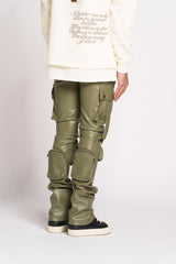 Pheelings Never Look Back Cargo Flare Stack Leather Jeans, Olive