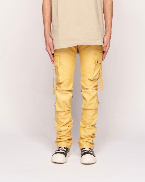 Pheelings Never Look Back Cargo Flare Stack Leather Jeans, Wheat Yellow