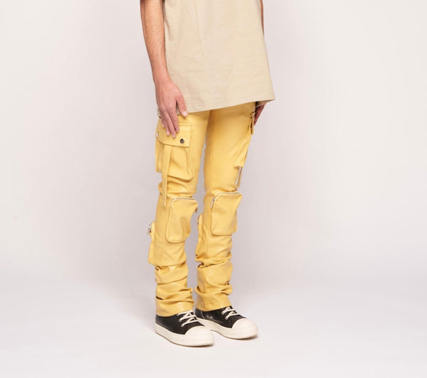 Pheelings Never Look Back Cargo Flare Stack Leather Jeans, Wheat Yellow