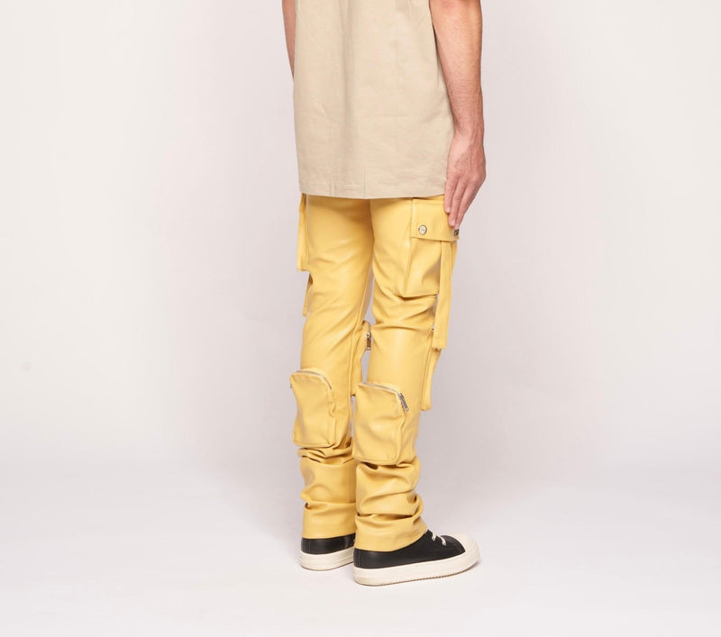 Pheelings Never Look Back Cargo Flare Stack Leather Jeans, Wheat Yellow